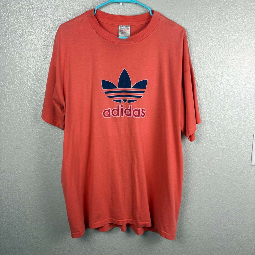 Oneita Men’s Size XL Coral Orange Pink Adidas Short Sleeve Navy Red Logo T-Shirt